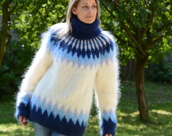 Designer Hand Knitted Mohair Sweater Icelandic Norwegian White Blue Fuzzy Turtleneck Jumper Pullover Jersey by EXTRAVAGANTZA