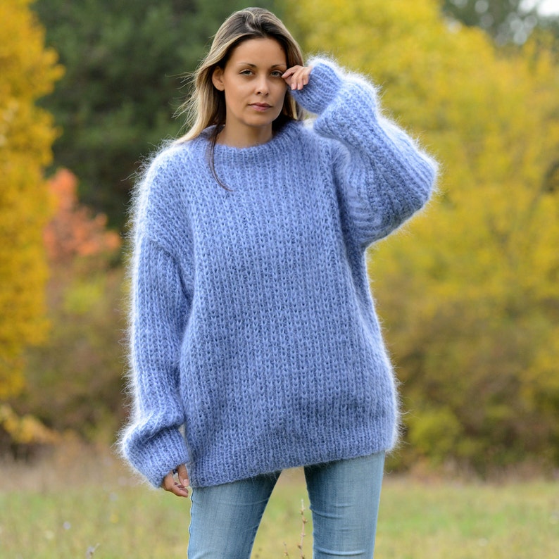 New Blue Gray Hand Knit Mohair Ribbed Sweater Crew Neck Fuzzy Pullover ...