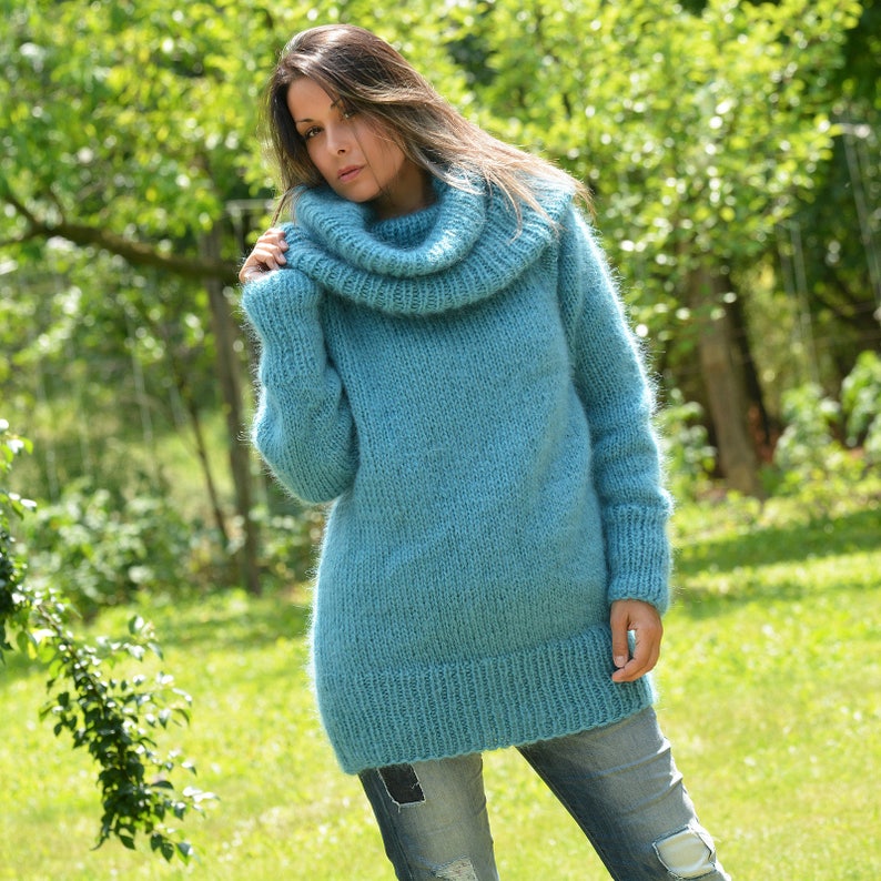 Cowl neck Sweater, Hand Knitted Mohair Pullover, Turtleneck Blue Fuzzy Jumper Jersey by EXTRAVAGANTZA image 2