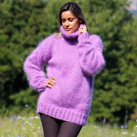 Hand Knitted Mohair Sweater LILAC Color Fuzzy Turtleneck Jumper