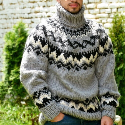Hand Knitted Wool Sweater, Icelandic Turtleneck Norwegian Jumper