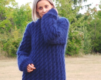 MADE to ORDER Cable Hand Knit Sweater Fuzzy Mohair Navy Blue Jumper Crewneck