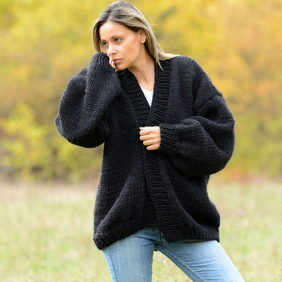 Hand Knitted Soft Wool Cardigan Oversized Black Designer Coat