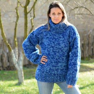 Hand Knitted pure Wool Sweater Blue mix Soft Turtleneck Jumper Pullover Jersey by EXTRAVAGANTZA * MADE to ORDER *