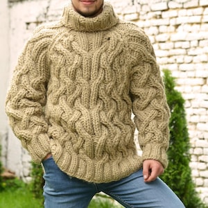 Thick Cable Hand Knit 100% WOOL Turtleneck Sweater Light Beige Fuzzy Jumper Jersey by Extravagantza