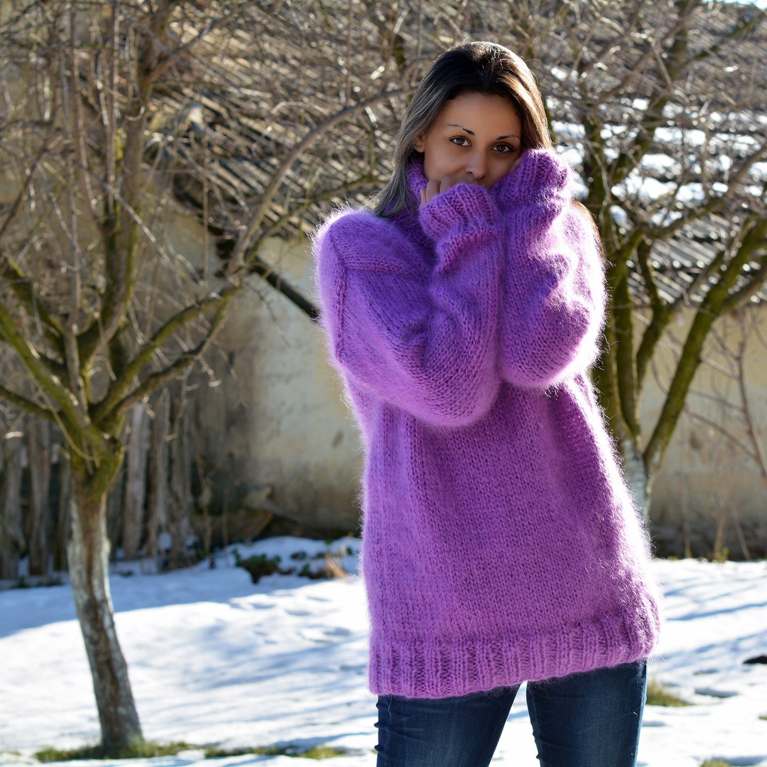 Purple Sweater Hand Knit Mohair 