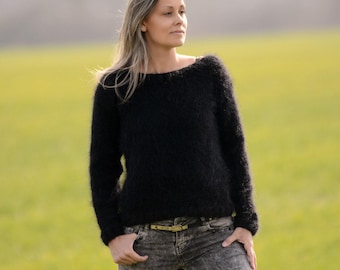 Hand Knit Mohair Sweater, Black color Fuzzy Crew neck Jumper, Pullover Jersey by Extravagantza
