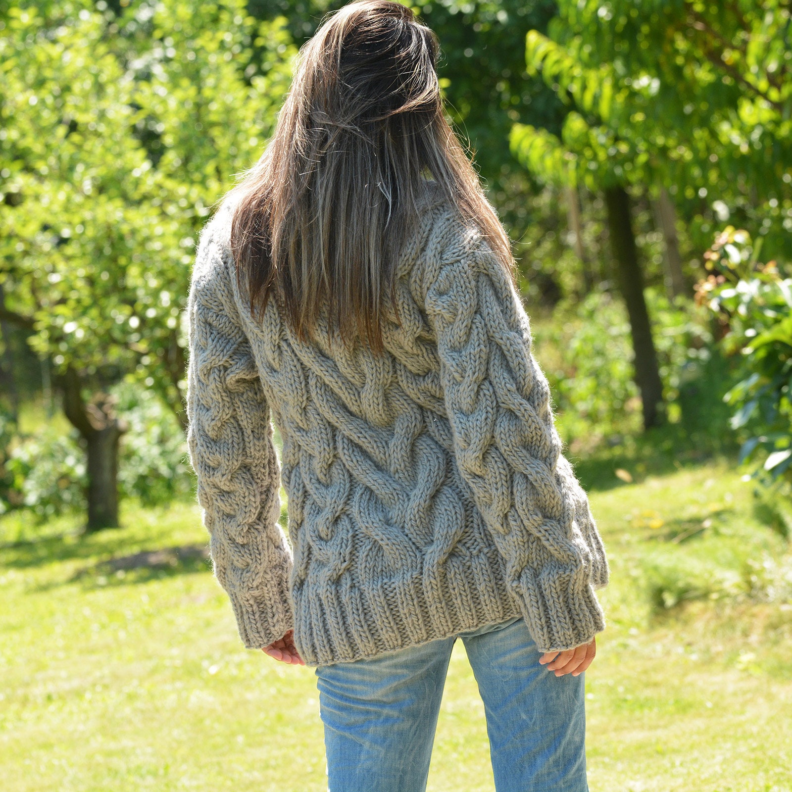Wool Turtleneck Sweater, Cable Hand Knitted Jumper, Light Grey Fuzzy Jersey  by Extravagantza -  Canada