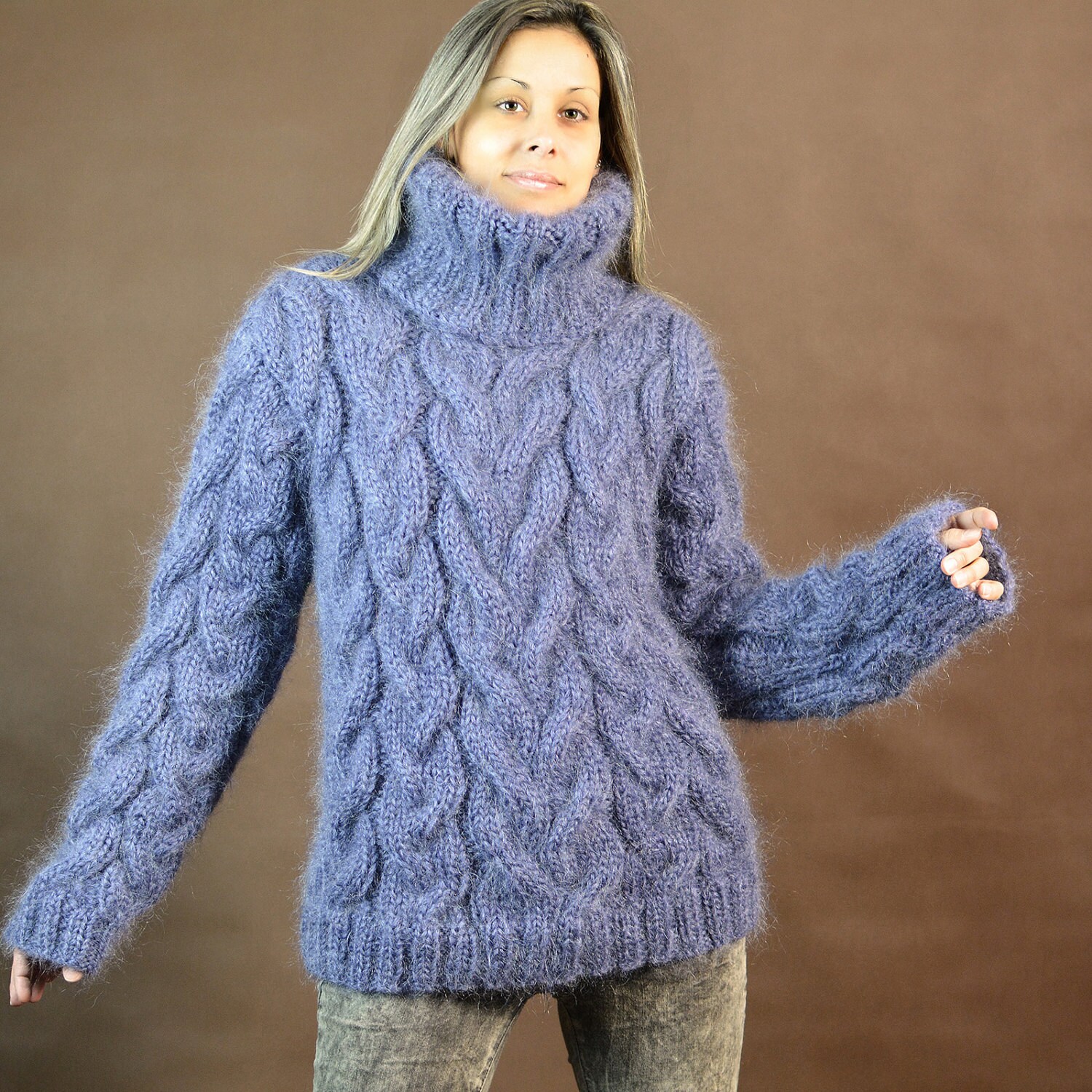 Cable Hand Knitted Mohair Sweater Denim Blue color Fuzzy | Etsy