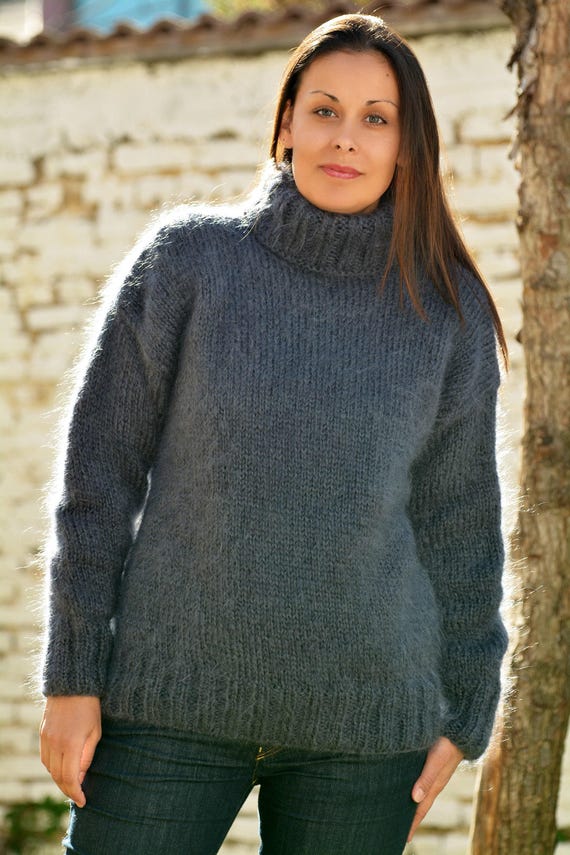 Turtleneck Sweater, Women Gray Jumper, Mohair Pullover, Thick