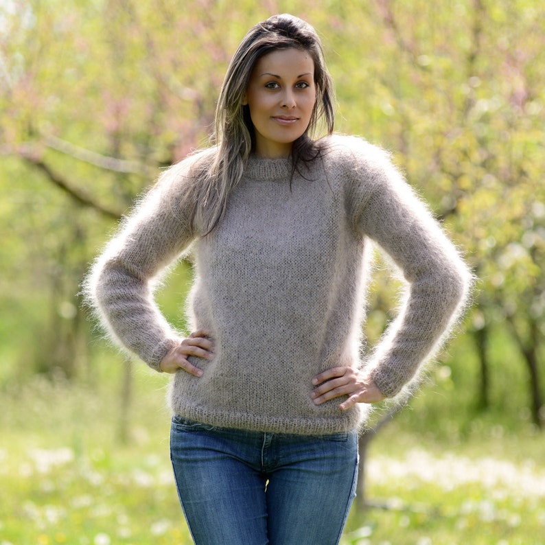 Hand Knit Mohair Sweater Beige Color Fuzzy Crew Neck Jumper - Etsy ...