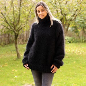 Hand Knit Mohair Sweater BLACK Fuzzy Turtleneck Jumper Pullover Jersey by Extravagantza MADE to ORDER