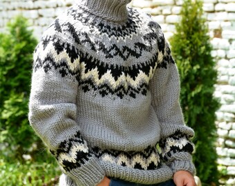 Hand Knitted Wool Sweater, Icelandic Turtleneck Norwegian Jumper