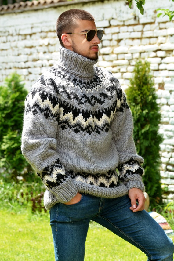 Pull en laine pour hommes, pull jacquard nordique en pure laine