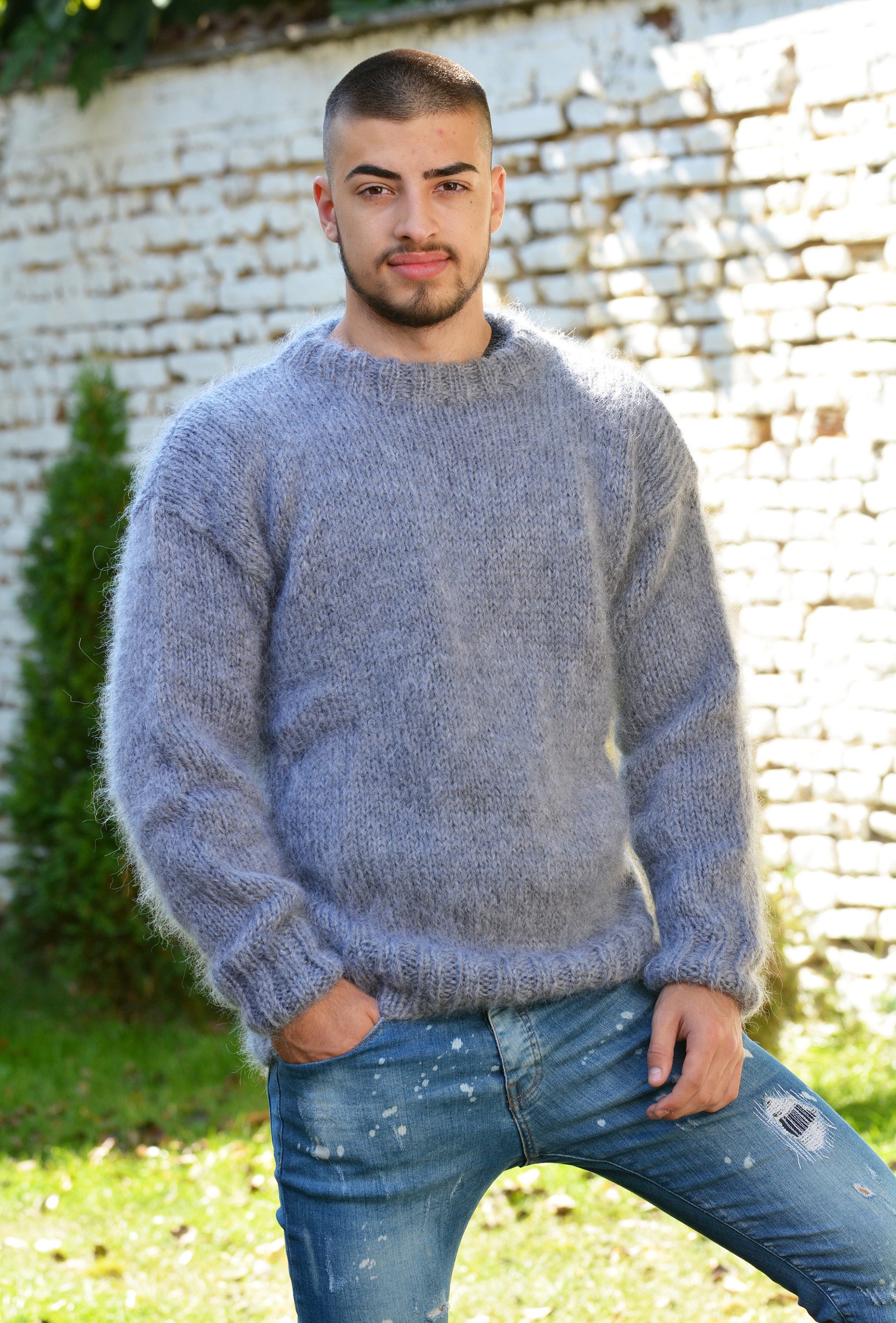 Designer Hand Knitted Wool Sweater, Crewneck Fuzzy Pullover