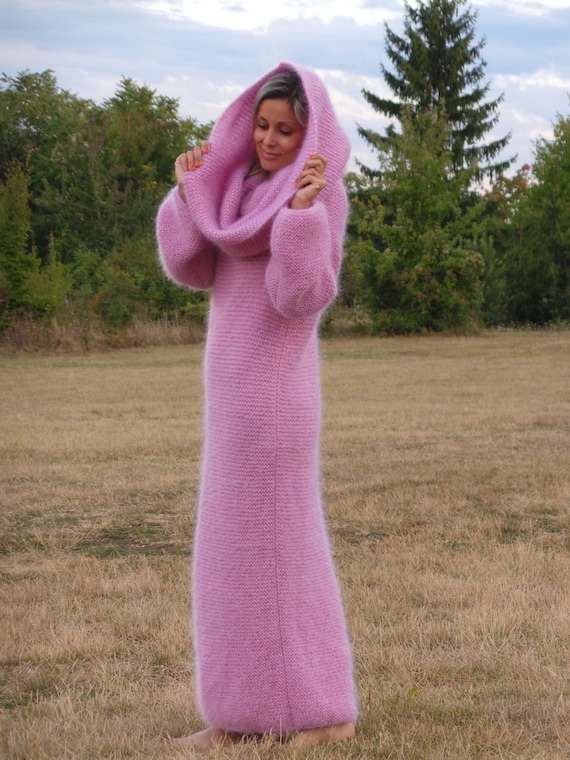 pink cowl neck sweater dress Hand Knitted Mohair Dress Fuzzy Fetish Pink Cowlneck Sweater by  Extravagantza