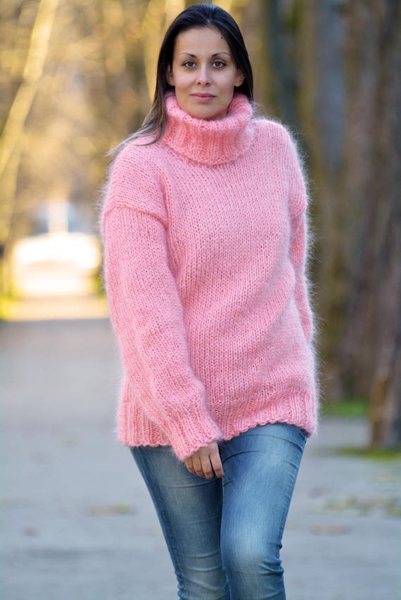 Designer Hand Knitted Mohair Sweater Light Pink Turtleneck | Etsy