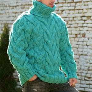 Hand Knitted Wool sweater, Blue Cable Handmade Turtleneck Fuzzy Jumper, Chunky Knit Plaid Jersey by Extravagantza