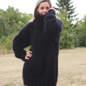Hand Knit Mohair Sweater Black Fuzzy Turtleneck Jumper Jersey 3 Strands ...