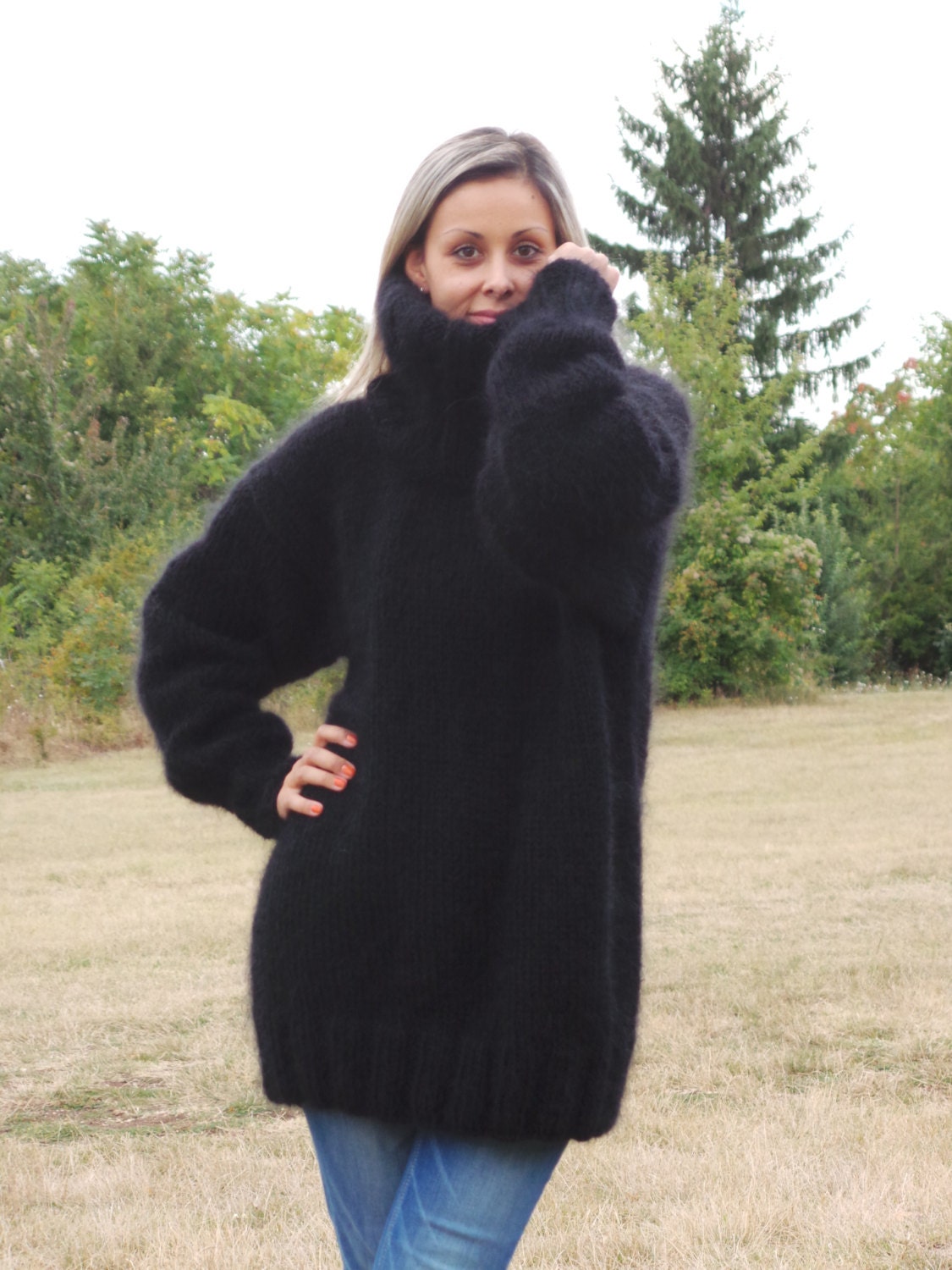 Hand Knit Mohair Sweater Black Fuzzy Turtleneck Jumper Jersey 3 Strands ...