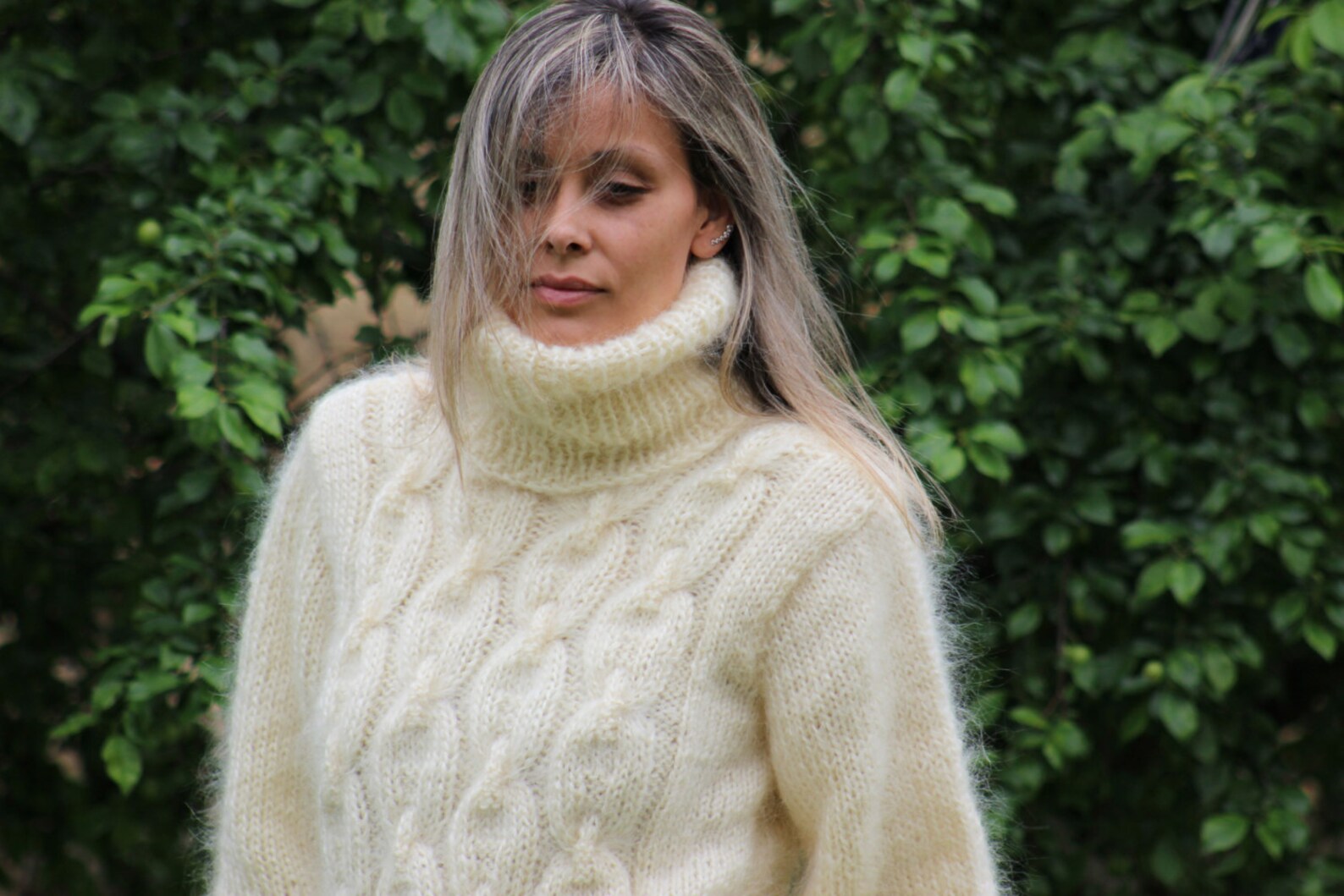 Hand Knit Mohair Sweater Cable Extra Thick WHITE Fuzzy Jumper Jersey ...