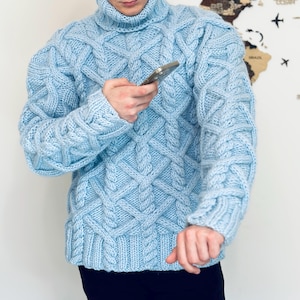 Cable Hand Knitted Merino Sweater Blue Wool Turtleneck jumper Cable knit Sweater Thick Designer Chunky Knit by Extravagantza READY to SHIP