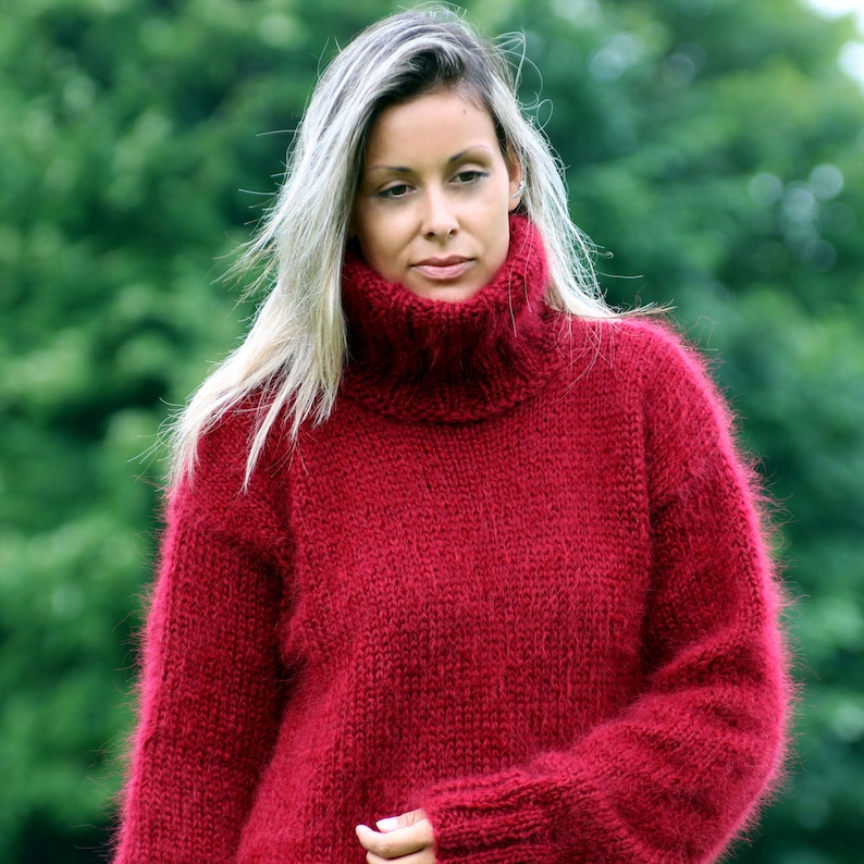 Hand Knitted Mohair Sweater Red Fuzzy Handmade Turtleneck - Etsy