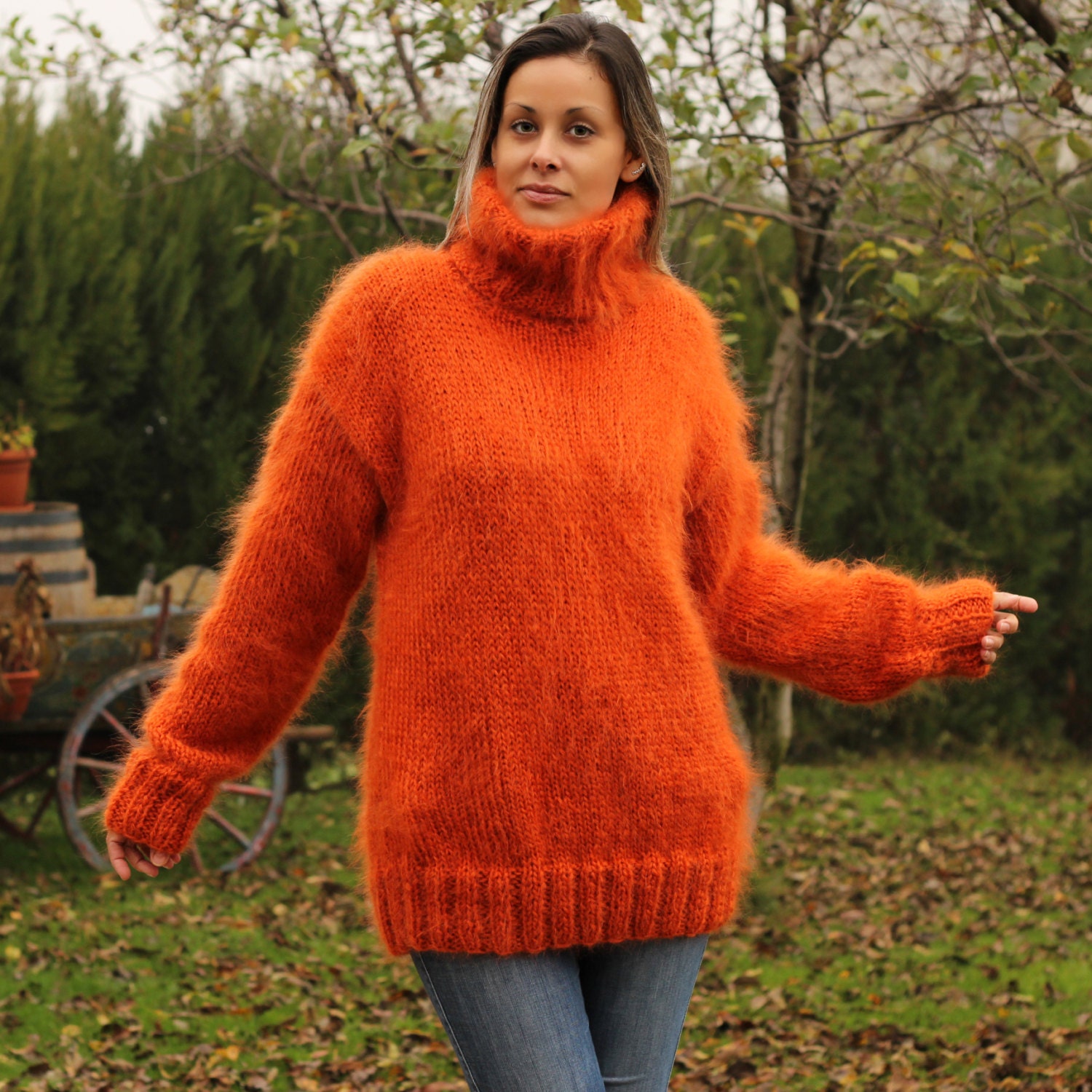 Hand Knit Mohair Sweater Dark Orange Fuzzy Turtleneck Jumper - Etsy