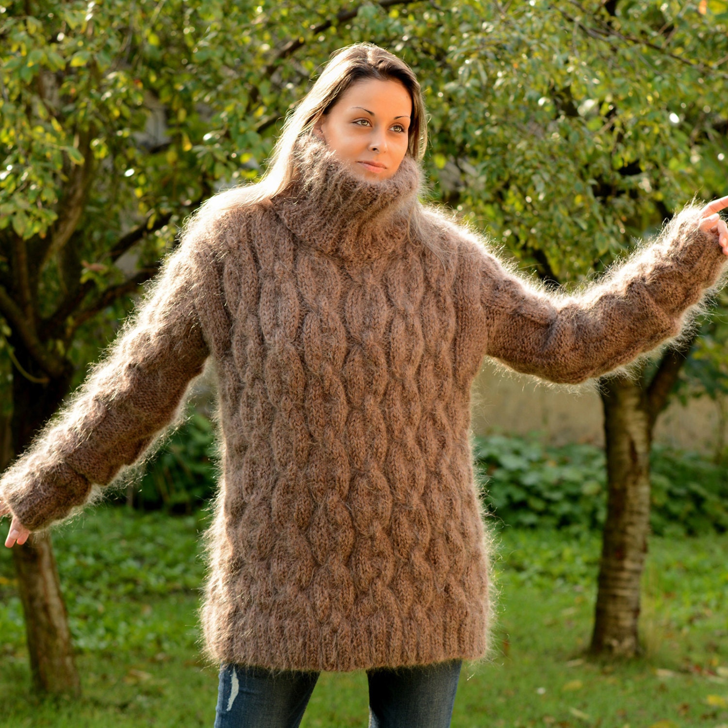 Thick Hand Knit Mohair Sweater Cable Brown Fuzzy Turtleneck Jumper ...