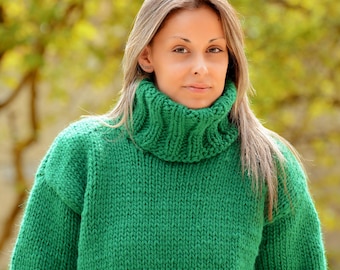 Hand Knitted pure Wool Sweater Dark Green Soft Turtleneck Jumper Pullover Jersey by EXTRAVAGANTZA * MADE to ORDER *