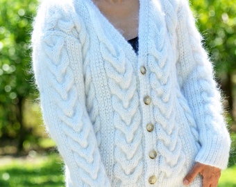 Hand Knitted Mohair Cardigan White Cable Fuzzy Sweater Coat Soft Jumper Jersey Jacket by Extravagantza