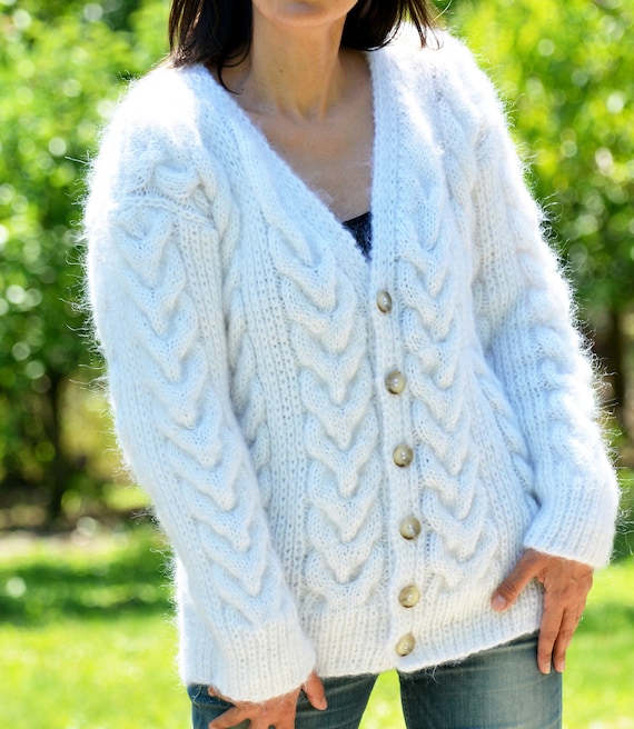 Hand Knitted Mohair Cardigan Over-sized Dark GRAY Blue Color Thick