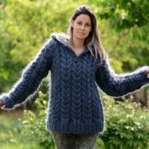 New Hand Knit Mohair Sweater Cable Dark GREY Fuzzy Hooded Jumper ...
