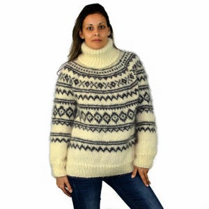 MADE to ORDER Hand Knit Mohair Sweater ICELANDIC Norwegian White Gray Fuzzy Turtleneck Jumper Pullover Jersey