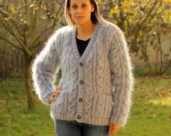 Knitted Mohair Cardigan, Gray Coat, Cable Fuzzy Jumper, Cardigan Sweater with 2 pockets by Extravagantza