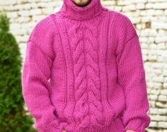 Thick Cable Hand Knitted WOOL Turtleneck Sweater Purple Fuzzy Jumper Pink Jersey by Extravagantza