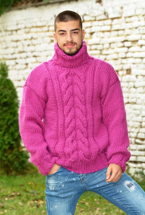 Thick Cable Hand Knitted WOOL Turtleneck Sweater Purple Fuzzy