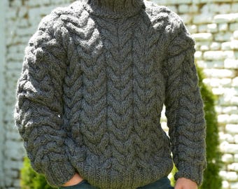 Designer Hand Knitted Wool Sweater Thick Cable Dark Grey mix Turtleneck Jumper Gray Jersey by Extravagantza
