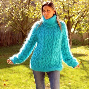 Hand Knit Mohair Sweater Cable Turquoise Fuzzy Turtleneck - Etsy