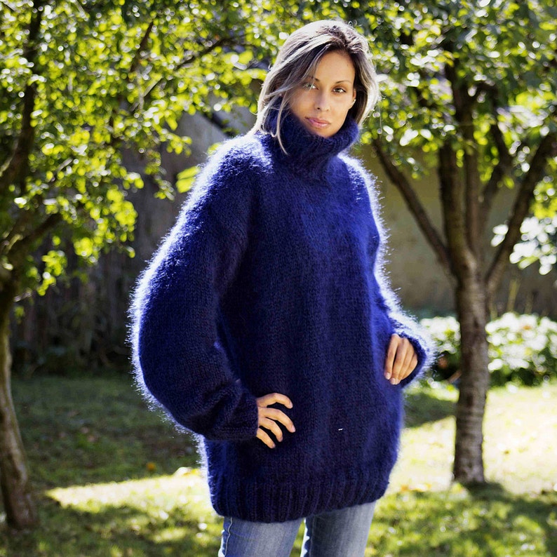 Hand Knitted Mohair Sweater Dark BLUE Fuzzy Turtleneck Jumper Pullover Jersey by Extravagantza MADE to ORDER image 4