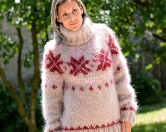 Made to Order Hand Knitted Mohair Sweater ICELANDIC Norwegian Beige Red Fuzzy Turtleneck Jumper Pullover Jersey by EXTRAVAGANTZA