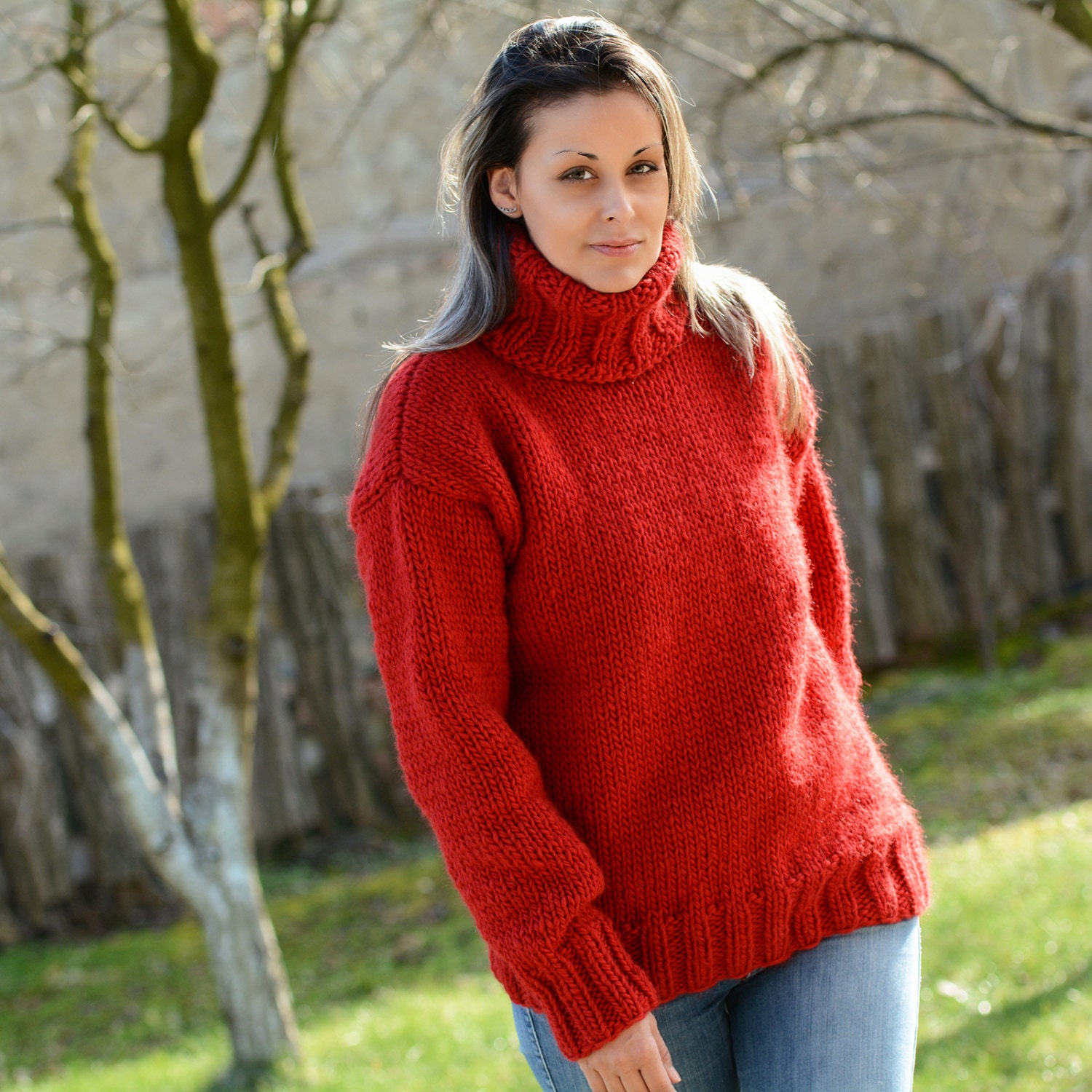 Hand Knitted Pure Wool Sweater Red Soft Turtleneck Jumper Pullover ...