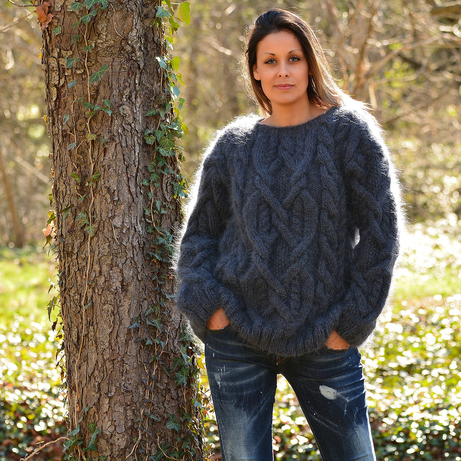 Crew Neck Sweater Hand Knitted Mohair 