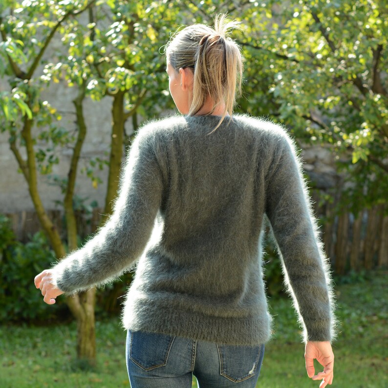 Hand Knit 100 Pure Angora Cardigan Dark Green Jacket Sweater Etsy