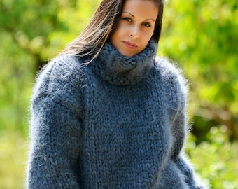 Suéter de mohair tejido a mano de 10 hebras, jersey de cuello alto peludo gris hecho a mano para hombre, jersey grueso de invierno, jersey hecho a medida de EXTRAVAGANTZA