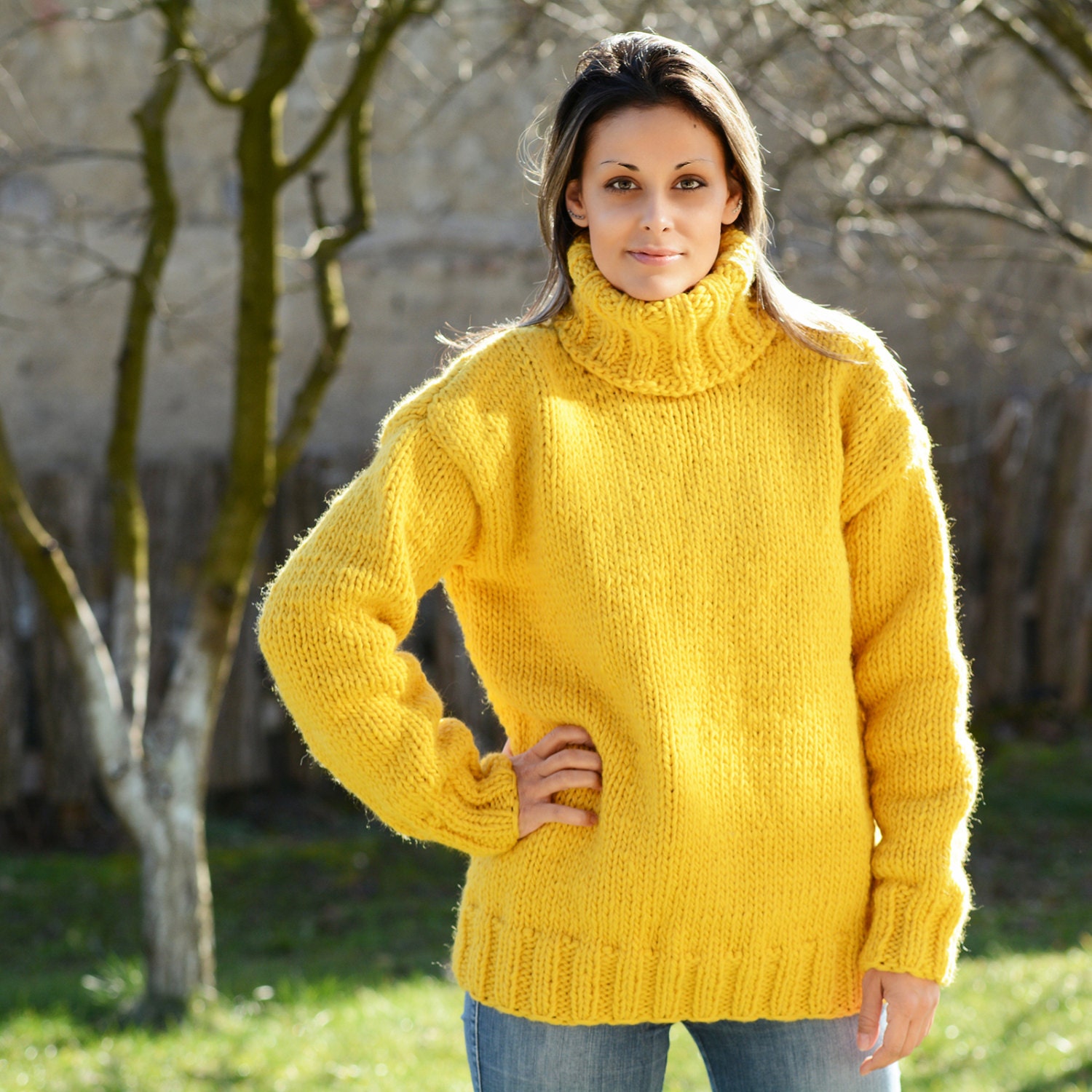 Hand Knitted Pure Wool Sweater Yellow 