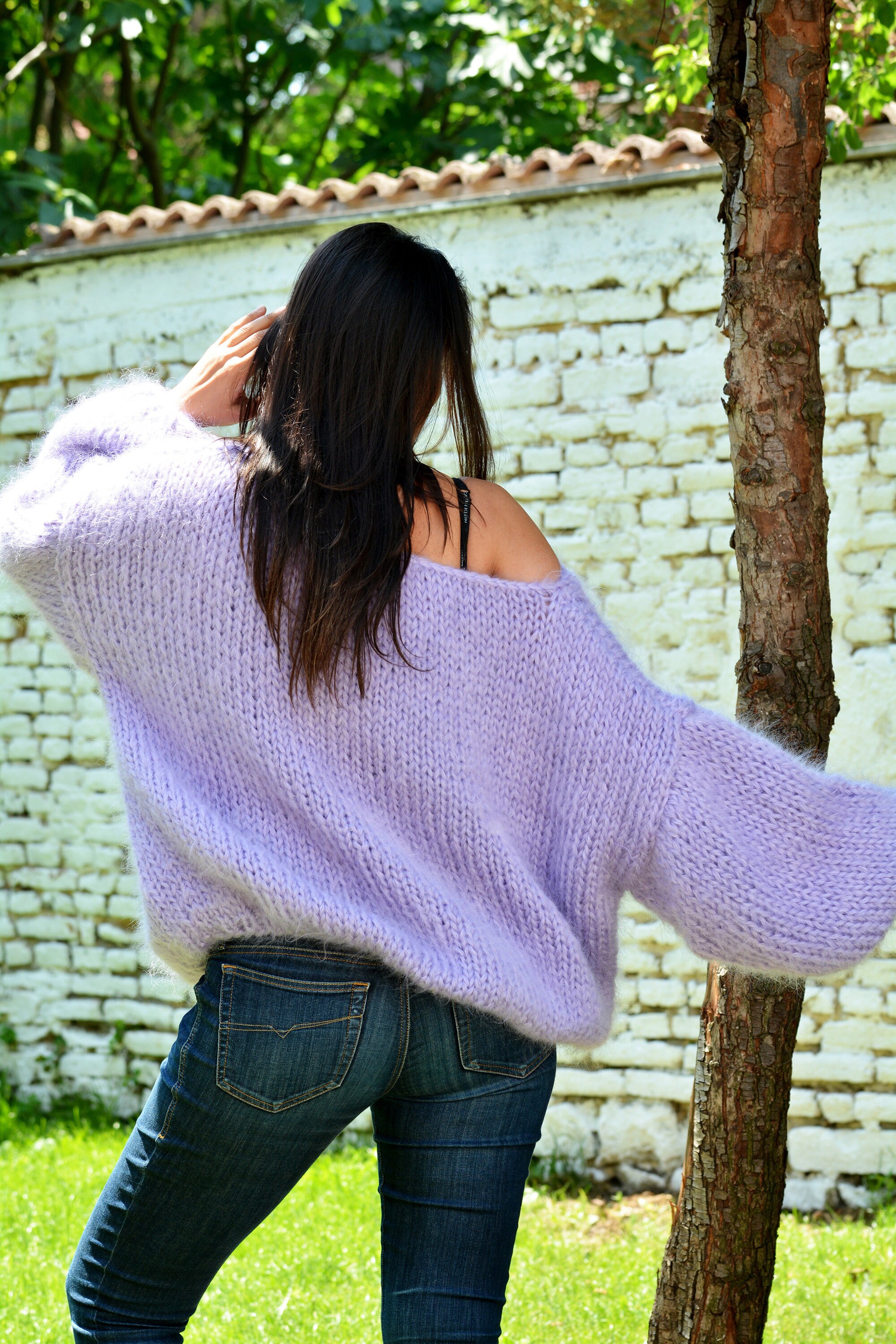 Hand Knit Mohair Sweater Designer Jumper Lavender Boat Neck Hand Knit Mohair Sweater Designer Jumper Lavender Boat Neck