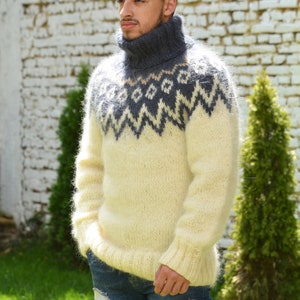 Designer Hand Knitted Mohair Sweater Icelandic Nordic White Gray Fuzzy ...