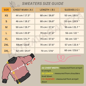 The image is a size guide for sweaters, providing measurements for different chest widths (A, B, C) and sleeve lengths (L, M, XS, S, M, L, XL, 2XL, 3XL). The guide also includes illustrations of a sweater and measurements for each chest width and sleeve length.