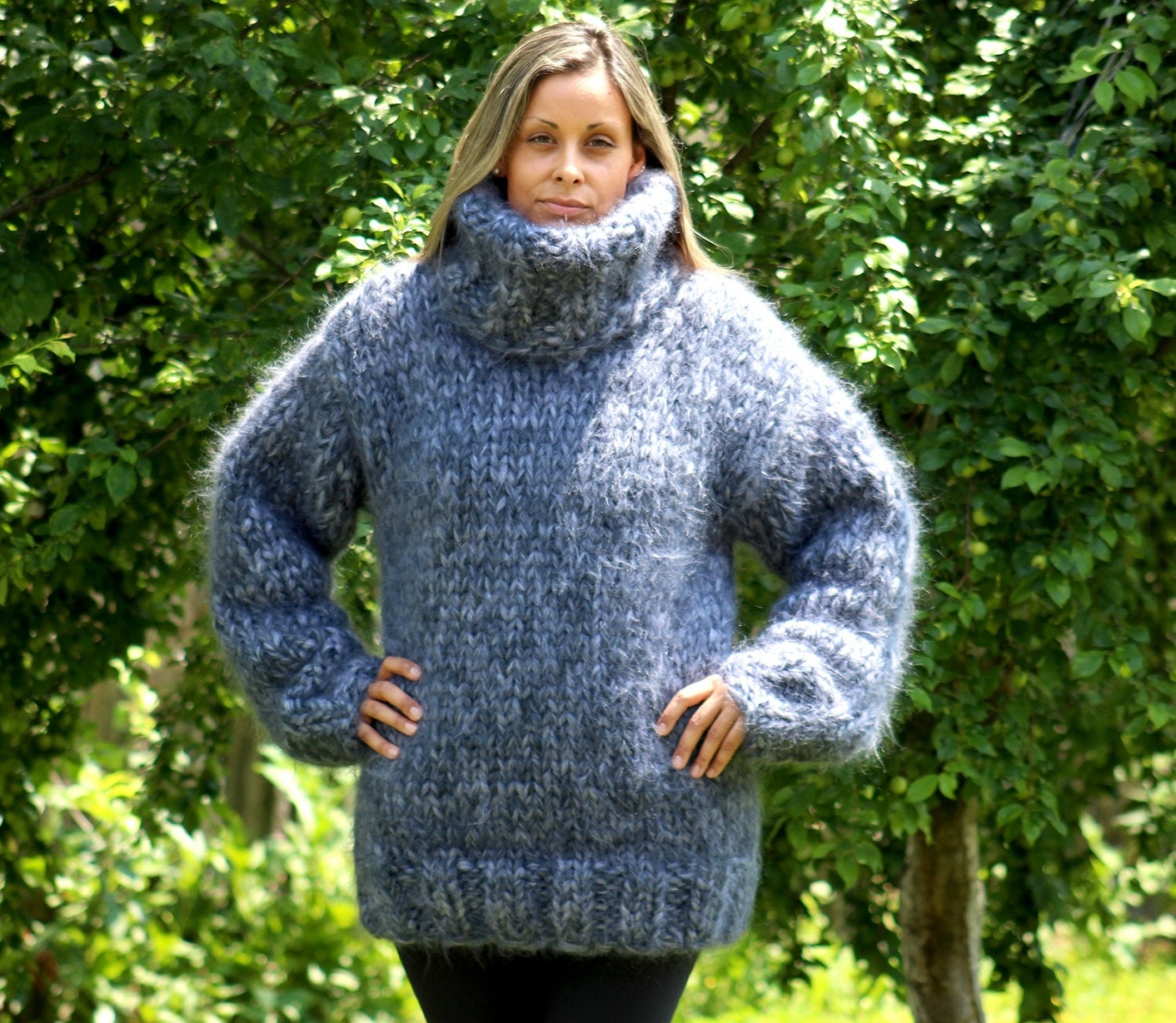 Hand Knit Mohair Sweater Gray Turtleneck Jumper10 Strands - Etsy